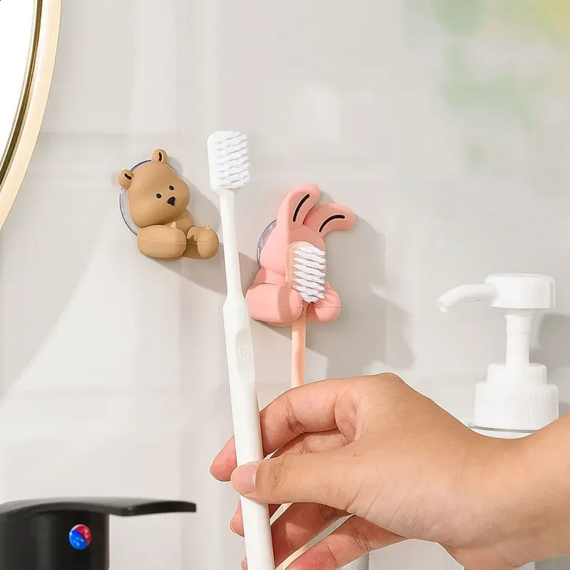 Cartoon Rabbit Bear Toothbrush Holder Wall-mounted Suction Cup Silicone Hook Sundries Storage Rack for Bathroom Accessories 240902