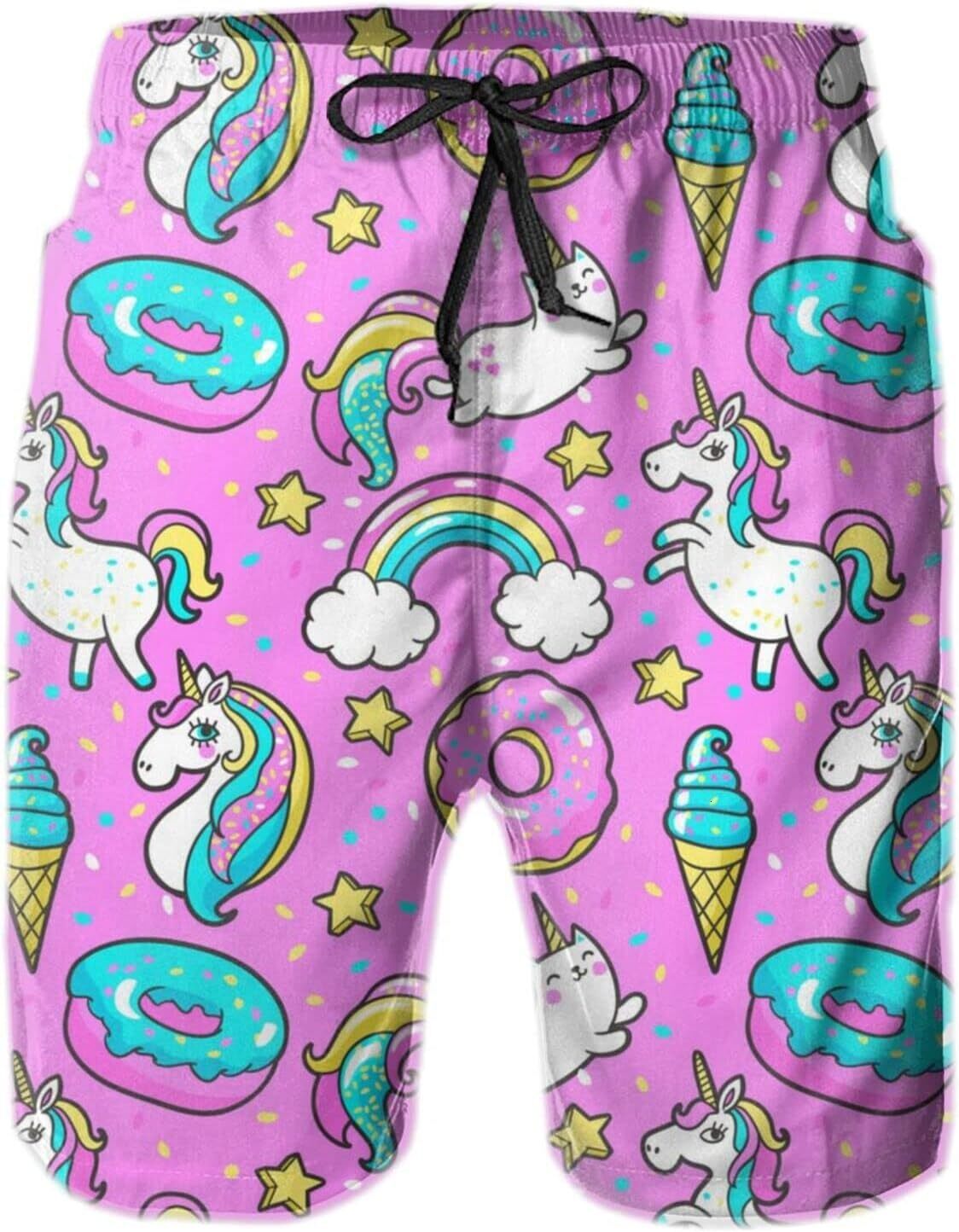 Mens Shorts 3D Printed Pattern Rainbow Donut Swim Trunks Quick Dry Fashion Beach Board Swimwear