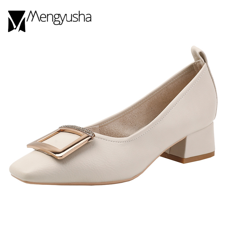 e1692 Soft Leather 2024 Pumps Woman 3CM Med-High Heels Shoes OL Dress Office Loafers Chunky Heel Mary Jeans Buckle Wedding Brides Shoe