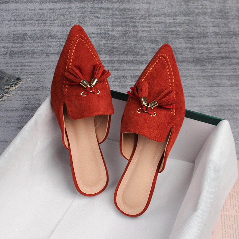Toe Pointed Fringe slippers flat heel suede leather slides 36-43 plus size tassel sandals women semi-traig shoes 93f