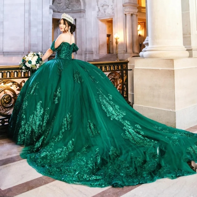 Emerald Green Quinceanera Dresses Ball Gown Off The Shoulder Sequins Appliques Lace Pearl Tull Corset Sweet 16 Dress Vestido De 15 Anos