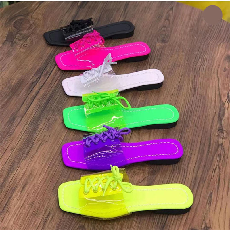 candy fluorescent color flat lace up pvc flip ps 2023 summer 41-43 plus size beach New slippers women sandalias