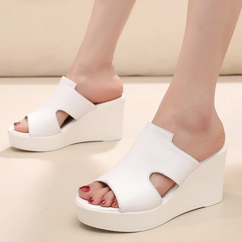 New Summer Fish Mouth Genuine Leather Slipper Women Platform Sandals Heighten Shoes Wedges Sandals High Heels 6 / 8 / 11 Cm