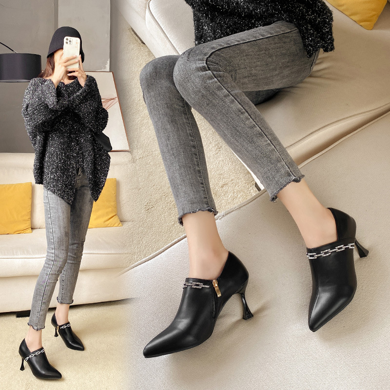 High Crystal Buckle Heels Women's Stiletto Ankle Boots Pointed Toe Rhie Booties Mujer Deep Open Leather Botas on Pump 8d72