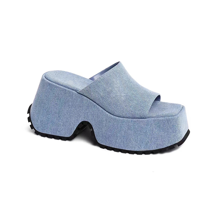 Denim Sole Thick Summer Women Slippers Modern Flat With Height Increasing Leisure Casual Outside Platform Super High Heel Shoes e3de