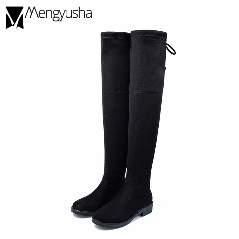 winter stretchy women slim leg booties with plush warm round toe over the knee boots woman square heel platform shoes 7e62