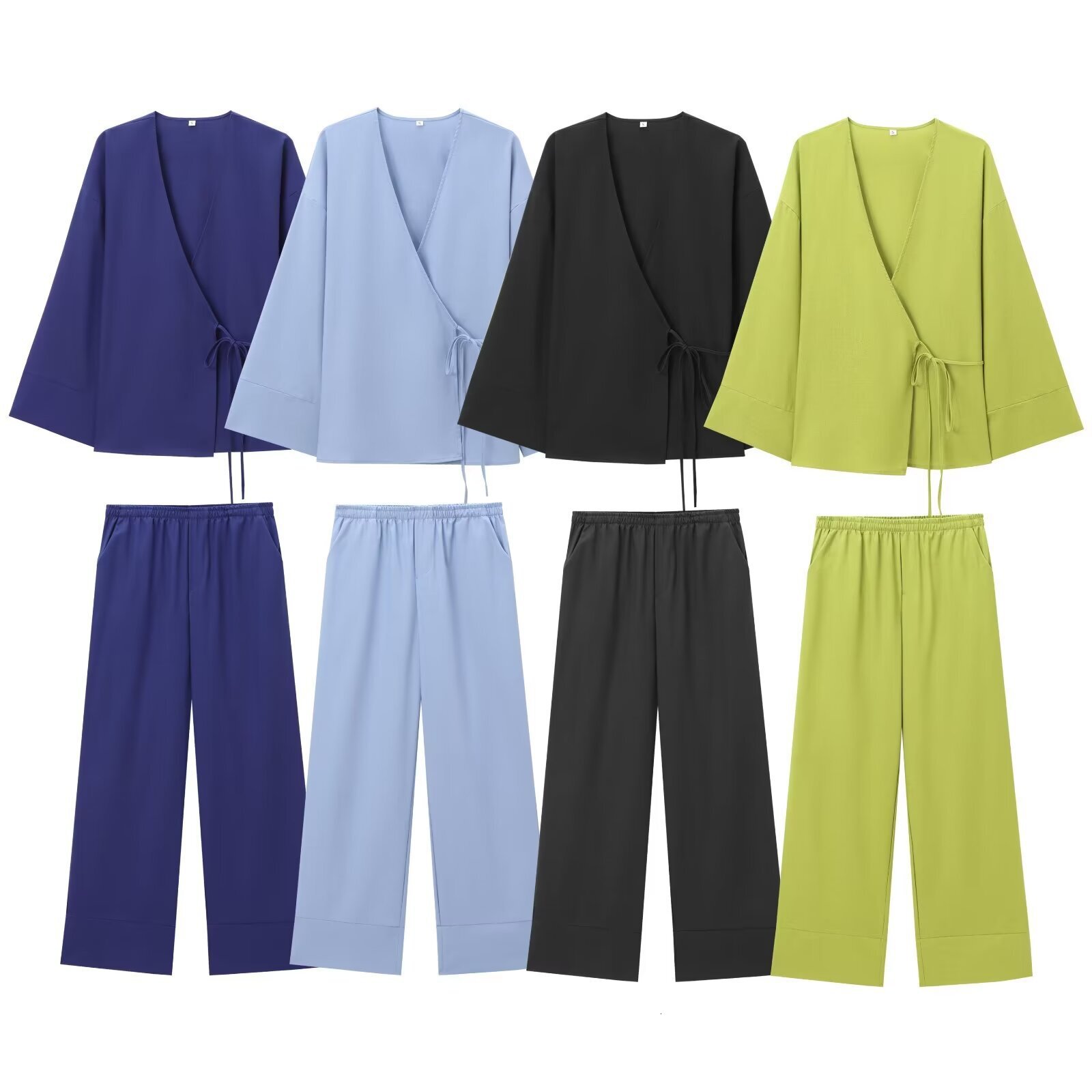 Summer New Womens Clothing Texture Double Breasted Kimono Style Outcoat+pants Fashion Set for Women