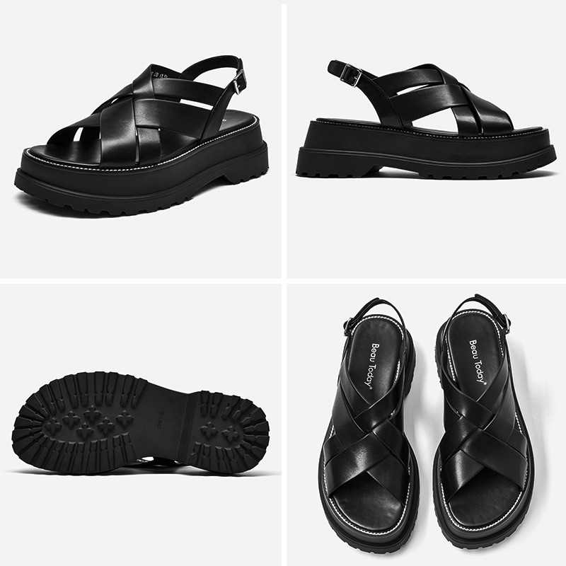 BeauToday Chunky Sandals Gladiator Women Cow Leather Round Toe Weaving Back Strap Summer Beach Female Platform Shoes 32347