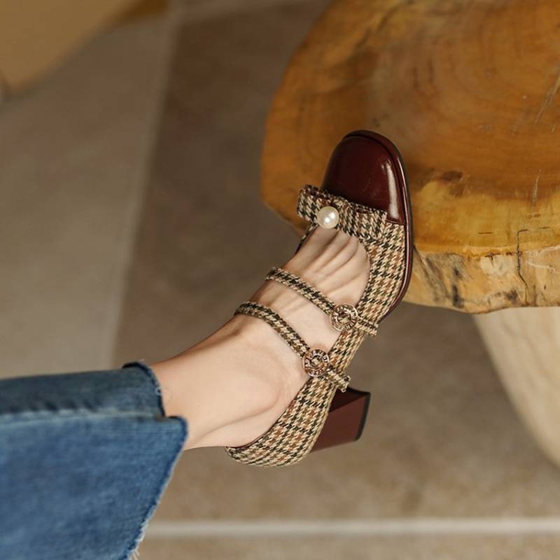 Spring/Autumn 2022 Women's Shoes Round Toe Chunky Heel Pumps Cotton Fabric Lattice High Heels Genuine Leather Retro Mary Janes dee9 s