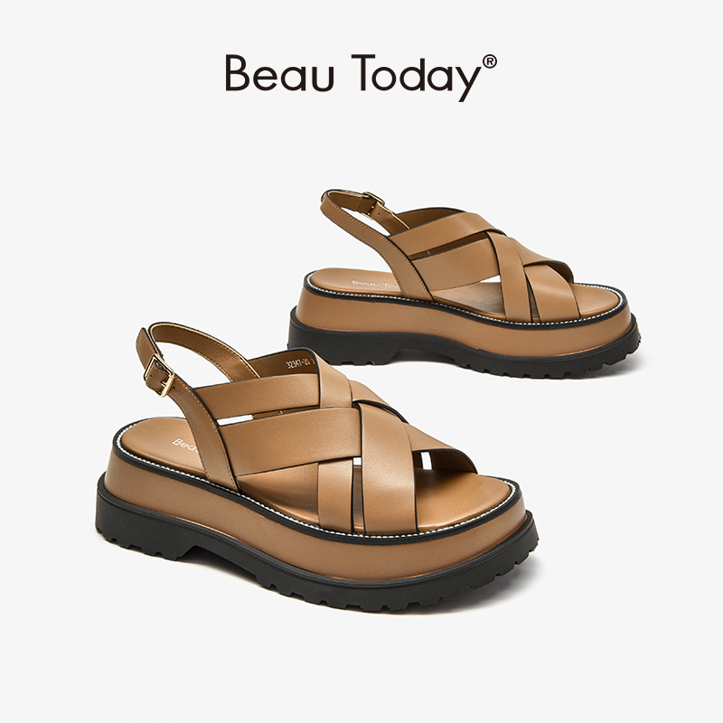 BeauToday Chunky Sandals Gladiator Women Cow Leather Round Toe Weaving Back Strap Summer Beach Female Platform Shoes 32347