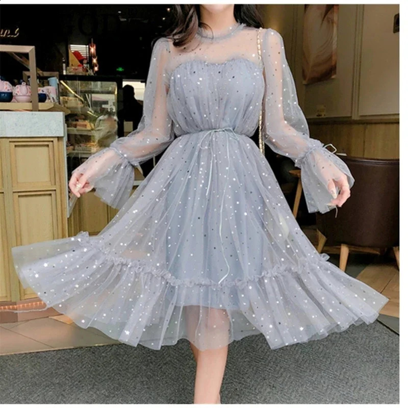 Spring Autumn Female Oneck Stars Sequined Mesh Shiny Fairy Dres Elegant Bling Gauze Princess Puff Dresses 240902