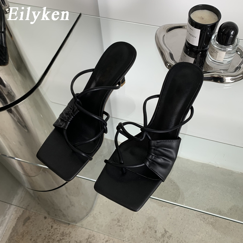 Gold Narrow Eilyken Band Women Slipper Female Square Pinch Toe Low Heel Slides Sandal Flip ps Mujer Shoes
