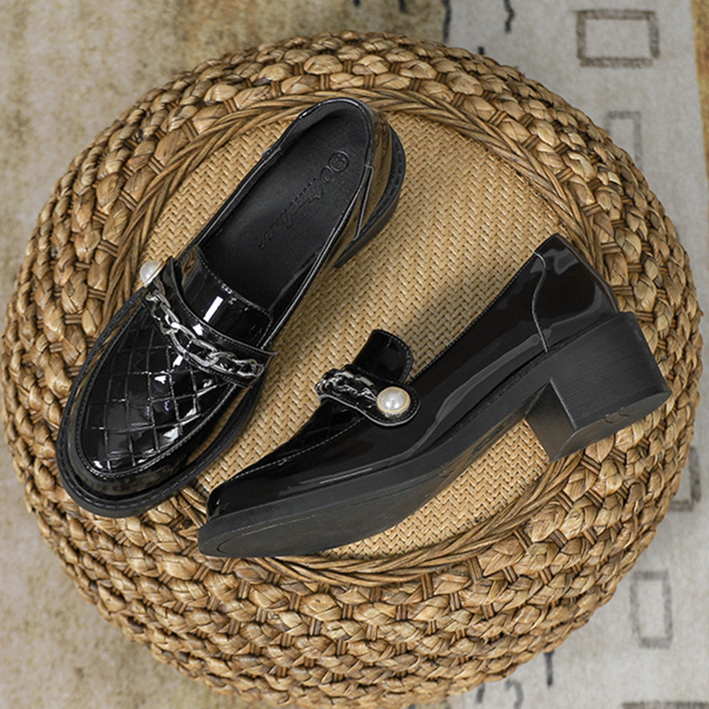 japanned 5396b plaid leather oxford shoes woman metal chains pearl buckle brogues weaved pattern thick heel derby flats women loafers