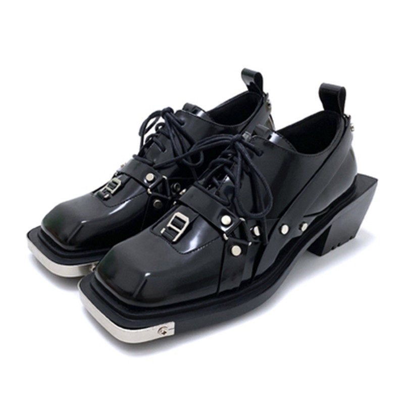 Decoration Flat Styles Metal e1b5c Casual square toe Shoes Leather Black Platform Sneakers for Women Punk Loafers