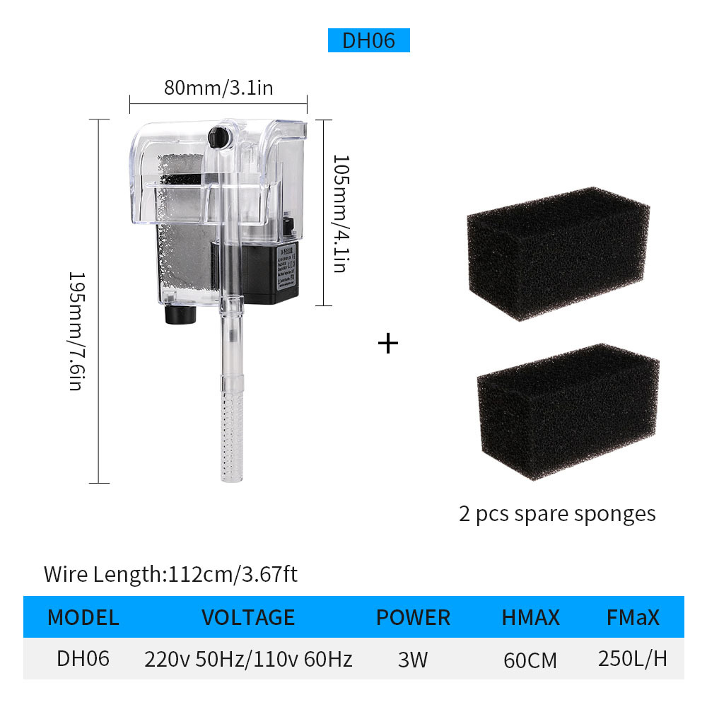 Fish Tank Filter Wall-mounted Waterfall External Filter Fish Tank Oxygen Pump with 2 Filter Cotton for 5~10 Gallon Aquariums