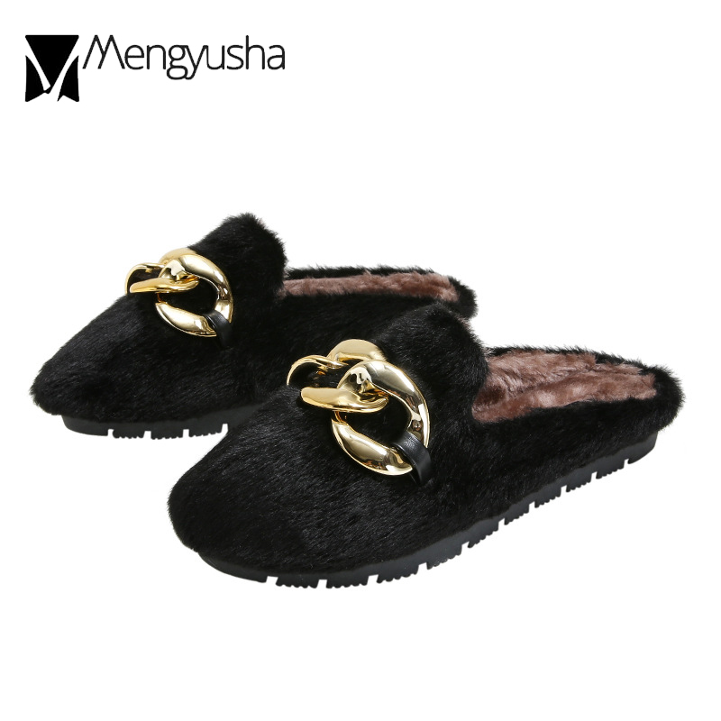 Plush Winter Cotton Slippers Women Home Shoes Large Big Chains Loafers Ladies Comfy Fur Slides Flip ps Female Antiskid Mules
