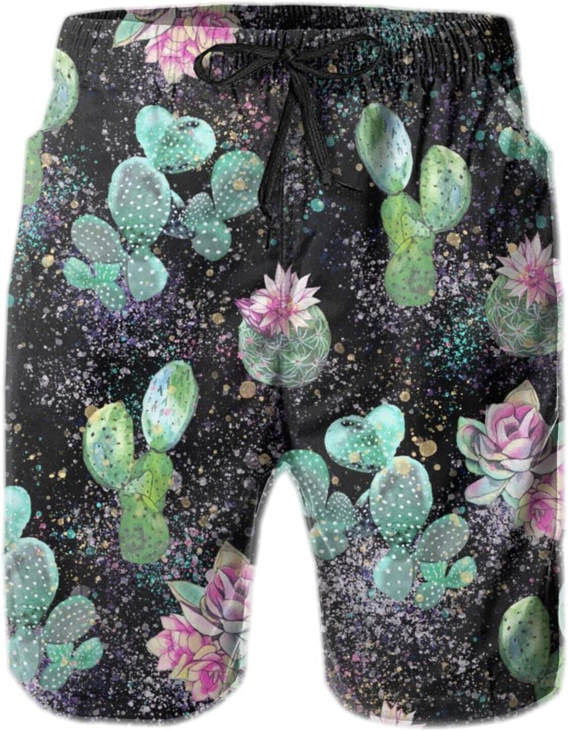 Mens Shorts 3D Printed Pattern Cactus Blooming Swim Trunks Quick Dry Print Beach Board Swimwear