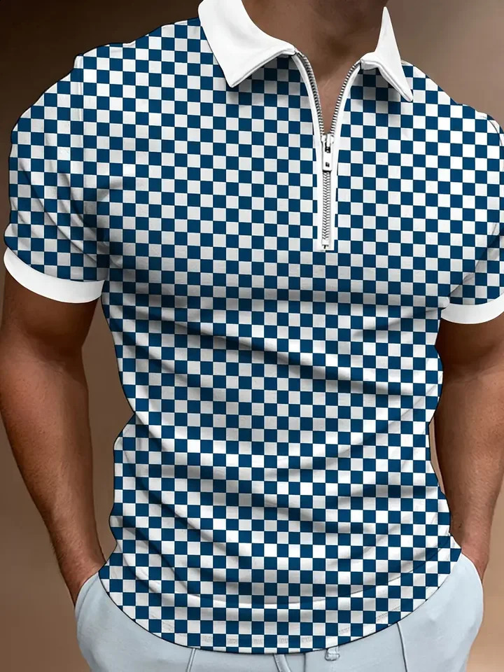 Fashion Mens Short Sleeve Zip Lapel POLO Shirt 3D Printed Plain Business Casual Polo T Pullover Top 240902