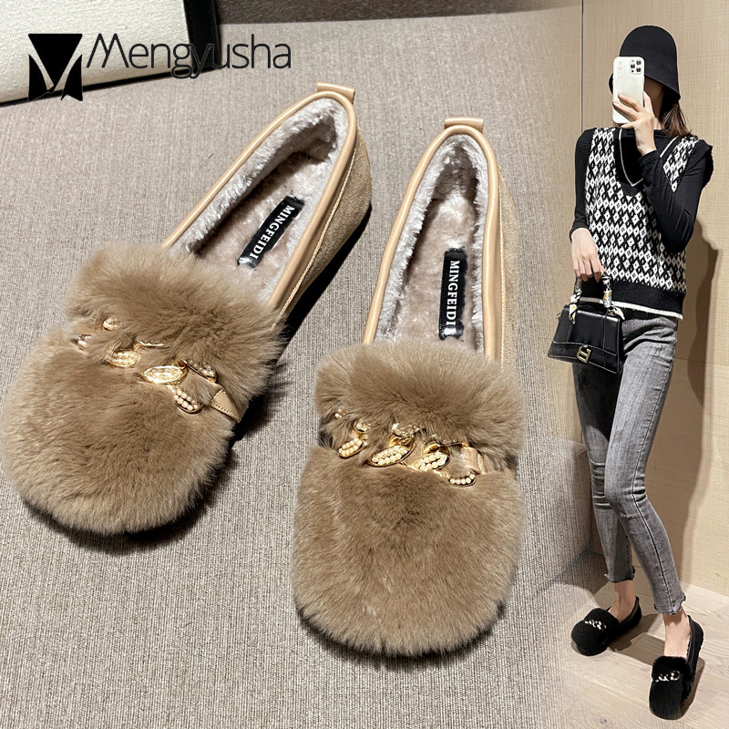 Cotton Plush Woman 70472 Rabbit Fur Flats Big Size Pregnant Comfy Loafers Ladies Crystal Chains Moccasins Fleeces Snow Shoes