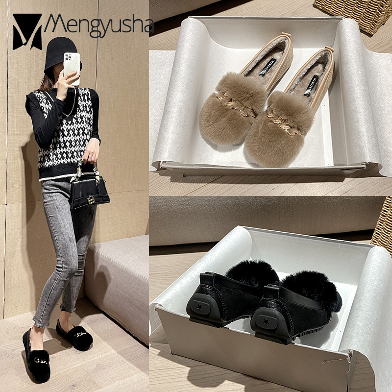 Cotton Plush Woman 70472 Rabbit Fur Flats Big Size Pregnant Comfy Loafers Ladies Crystal Chains Moccasins Fleeces Snow Shoes