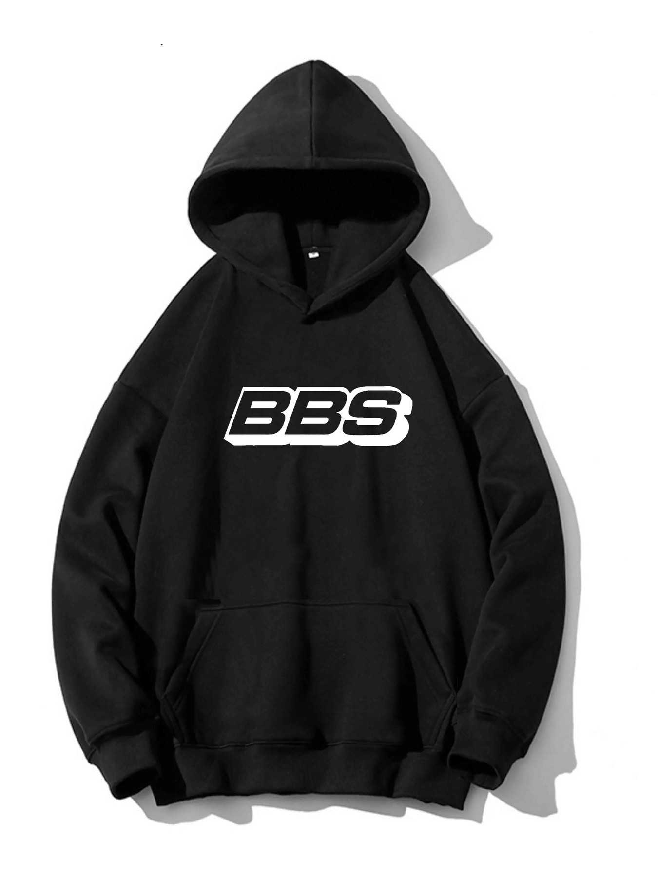 BBS Letter Print Hoodie With Kangaroo Pocket, Men's Casual Slightly Stretch Pullover Hooded Sweatshirt For Fall Winter