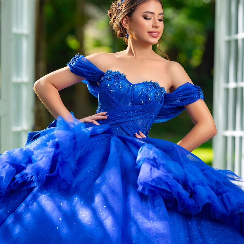 Royal Blue Shiny Quinceanera Dresses Off The Shoulder Lace Beads Tull Tiered Mexican Vestidos De 15 Princess Sweet 16 Birthday XV Ball Gown