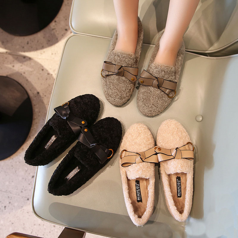 winter 2f6bf lambwool women all-match slip on bowtie moccasins 2023 new designer plush veet large size women's flats shoes 's