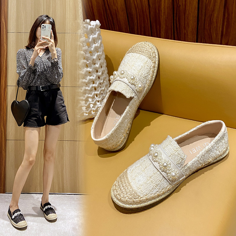 8d7ce espadrilles pearl decoration wer women flats sequines cloth round toe moccasins famous designer plaid slip on loafers 2022