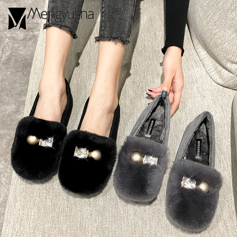 7bcf9 metal round square & decoration rabbit fur flats cotton shoes crystal buckle plush loafers women furry moccasin big size43 ry