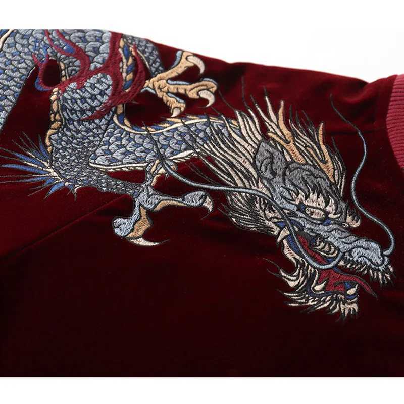 Men's Jackets Thicken Bomber Jacket Men Dragon Phoenix Animal Embroided Jbaseball Ackets Winter Japanese Retro Outwear Warm Velvet Coat 2022 Y240