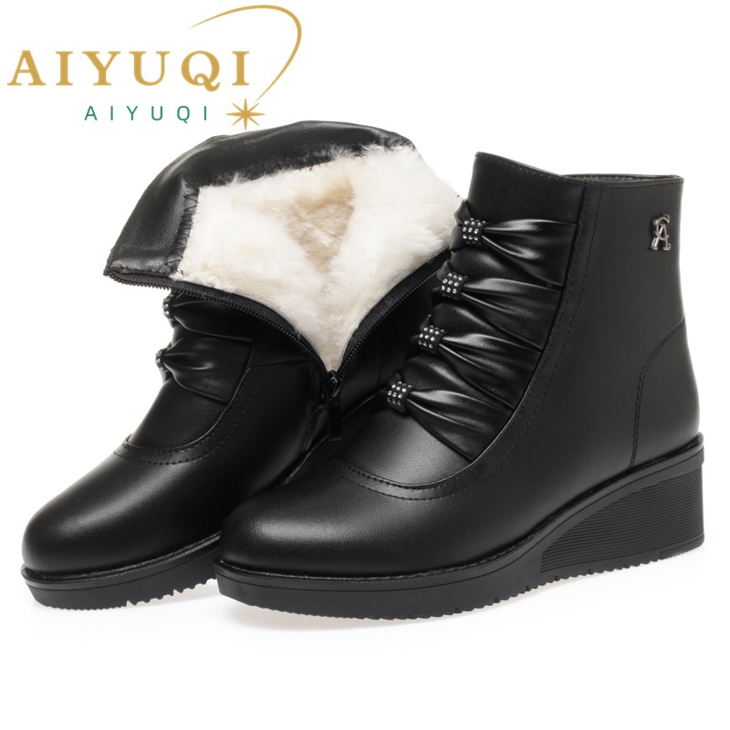 AIYUQI Mom Winter Shoes Wedge Heel 2024 New Genuine Leather Women Snow Boots Round Toe Casual Chunky Warm Ladies Short Boots