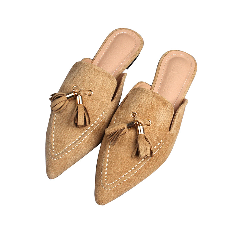 Toe Pointed Fringe slippers flat heel suede leather slides 36-43 plus size tassel sandals women semi-traig shoes 93f