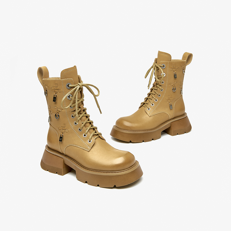 Platform BeauToday New Ankle Boots Women Genuine Calfskin Cross-tied Side Zip Metal Decoration Ladies Booties Handmade 03520 d18e