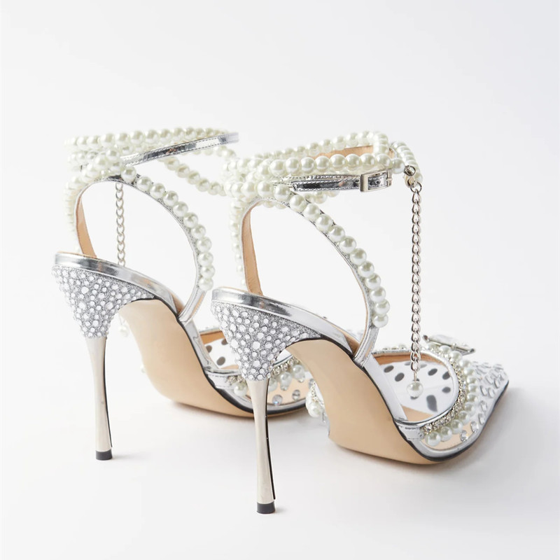 2025 new Rhies Transparent Pearls PVC Women Pumps Fashion Ankle Strap Bridal Thin High heels Summer Wedding Party Shoes 6228 a586