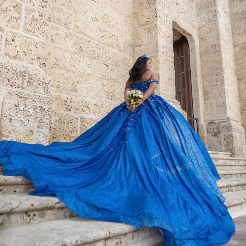 Mexican Royal Blue 2024 Quinceanera Dresses Sequin Applique Lace Beads Tull Sweet 16 Ball Gown With Cape Corset Vestidos De 15 Anos