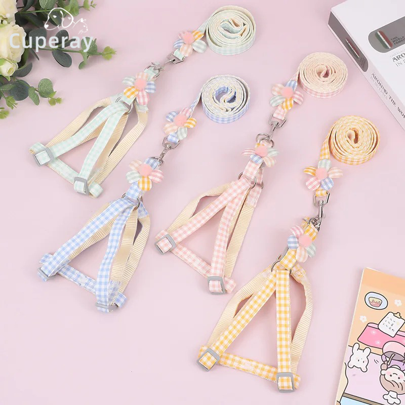 Small Dog Harness and Leash Set,Flower Decoration Adjustable Pet Chest Belt Quick-Release Buckle,Step-in Harness for Puppy & Cat