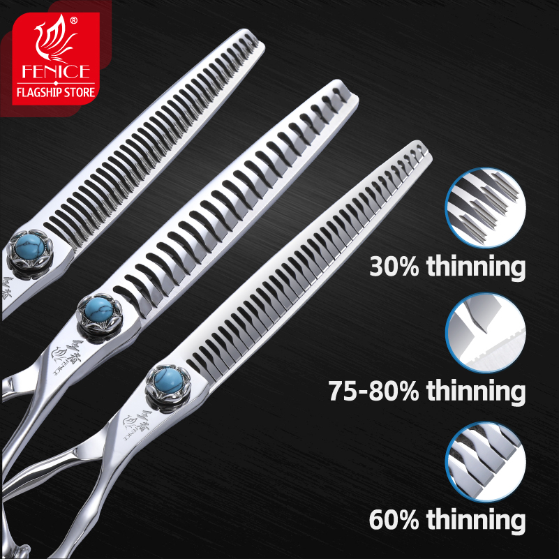 Fenice 6.5/7/7.5/8 Inch VG10 Professional Dog Haircut Grooming Scissors Turquoise Bearing Screw Curved &Thinner&Chunker Shears