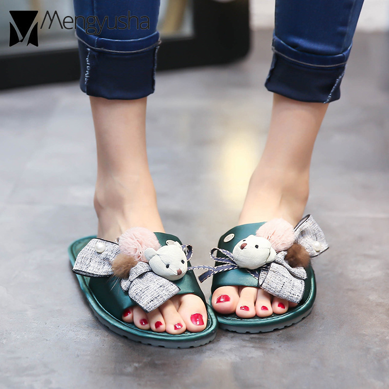 bear fashion riband fur women pink pom decoration home slippers flipps bowtied pearl shoes summer dh5367242
