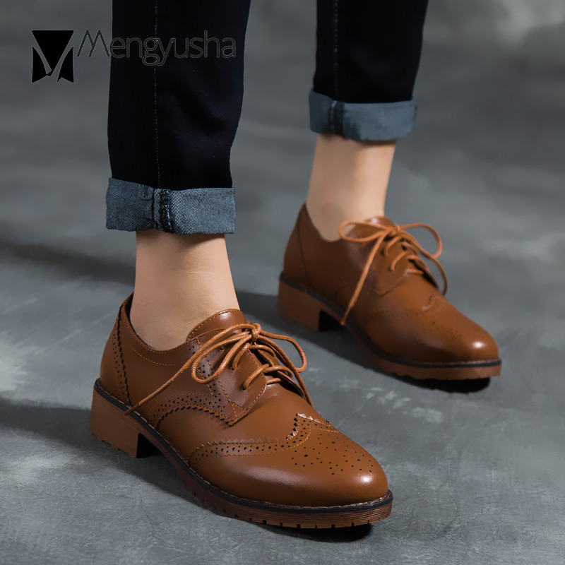 New Carving Oxford Women's db10d British Shoes Ladies Low Square Heel Flats Lace-Up Derby Creepers Breathable Preppy Girls College Loafers