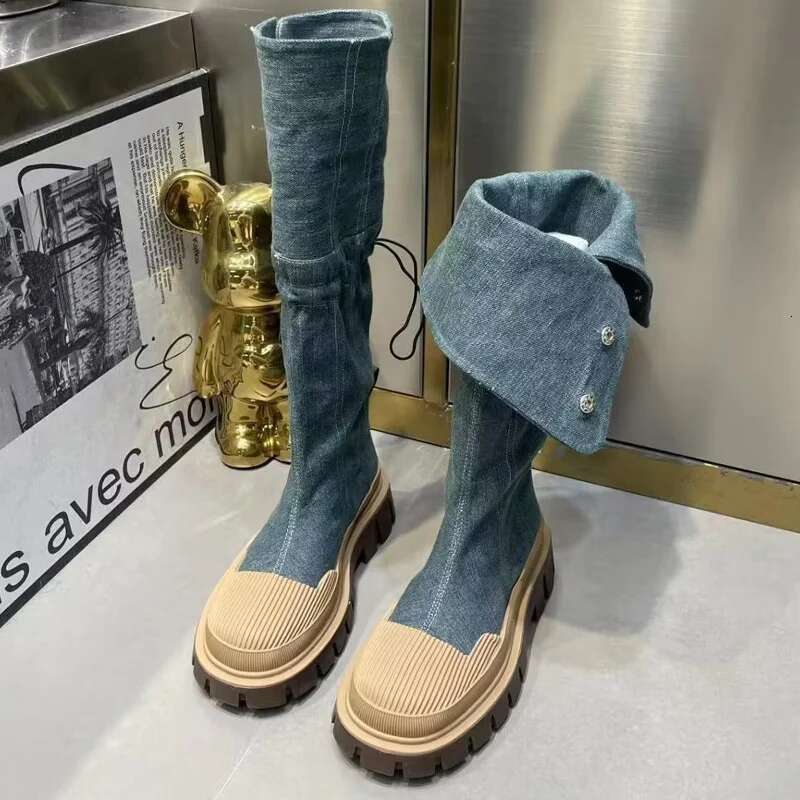 Women Platform Denim Knee High Winter 2023 Designer New Flats Goth Motorcycle Boots Casual Shoes Snow Botas