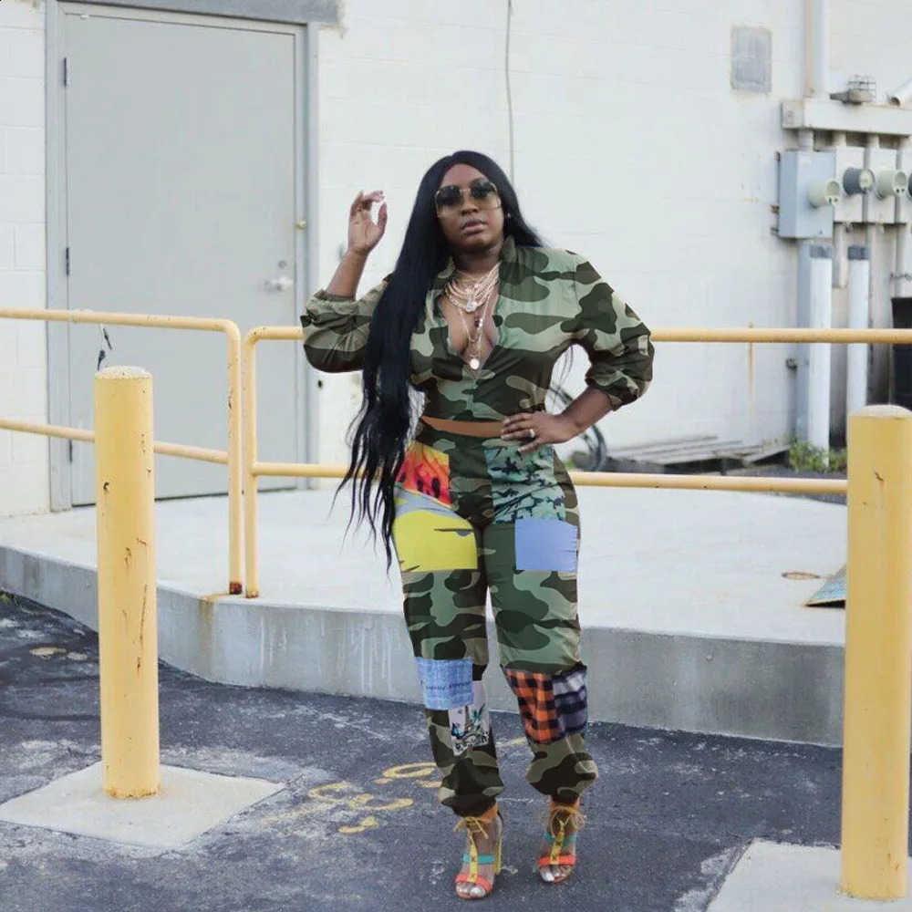 Prowow Womens Track and Field Clothing Zipper Crop Coat Elastic Waist Pants Two piece Sports Clothing Camo Printed Autumn Womens Clothing Set 240902 - view 6