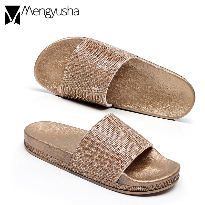 glitter rhinestone flip flops women open toe beach slides gold/silver crystal thick bottom muffins lady roman gladiator sandals