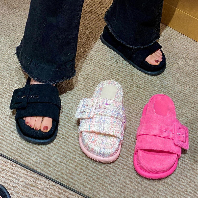 Thicken 2023 Soled Platform Slippers Woman Buckle Band Slides Tweed Cloth Shoes Ladies Muffins Flipps Elevated Sandals Femmes