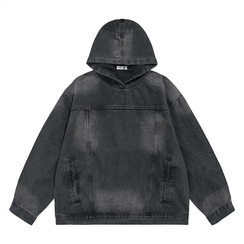 Vintage American Style High Street Distressed Denim Hooded Pullover Unique Sweatshirt Loose Fit Versatile Top For Men Women 240902