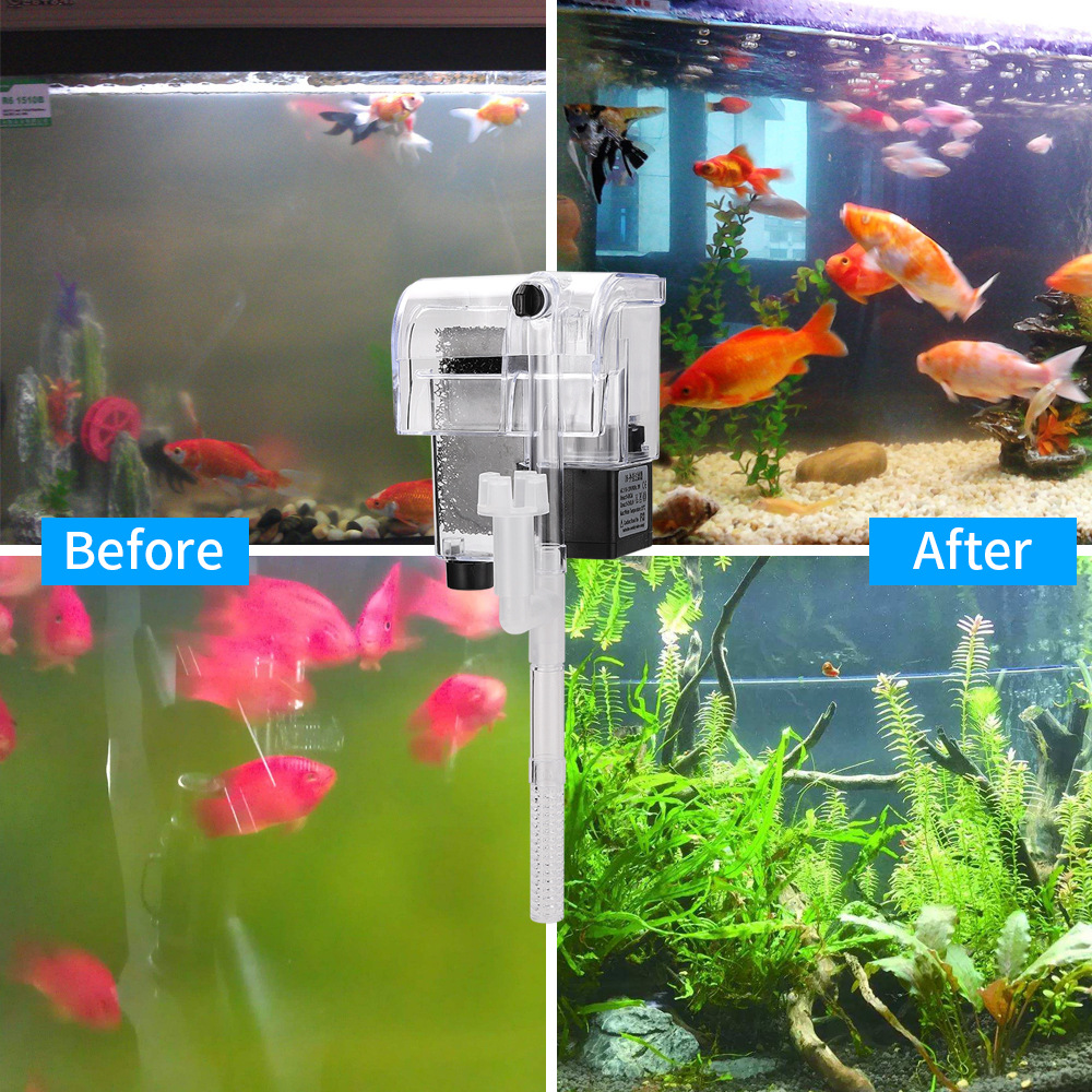 Fish Tank Filter Wall-mounted Waterfall External Filter Fish Tank Oxygen Pump with 2 Filter Cotton for 5~10 Gallon Aquariums