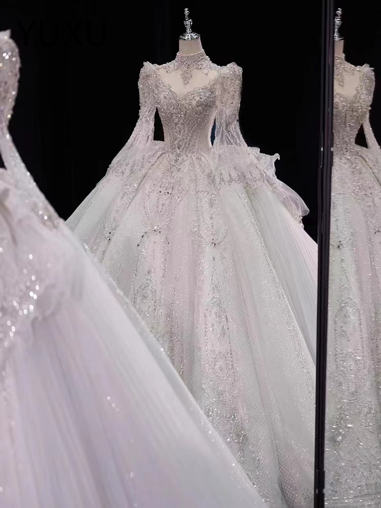 Arabic White long sleeves Wedding Dress Beaded Crystals Sequined Tiers Tulle Sexy Bridal Gowns Dresses Lace diamond Bridal plus size princess beach bo