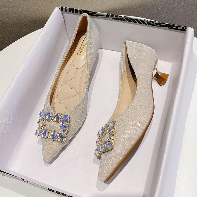rhie heels buckle med-high woman 2023 new designer sequines cloth pumps ladies glitter crystal wedding shoes tacones