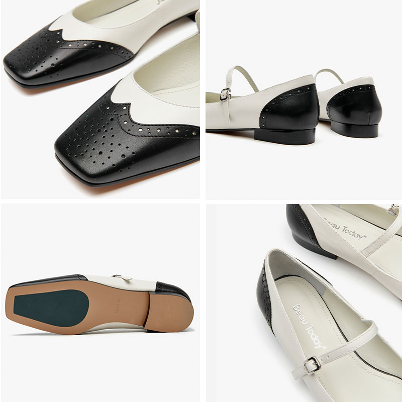Mary BeauToday Janes Women Genuine Calfskin Leather Square Toe Brogue New Mixed Colors Buckle Strap Ladies Shoes Handmade 28289 133b