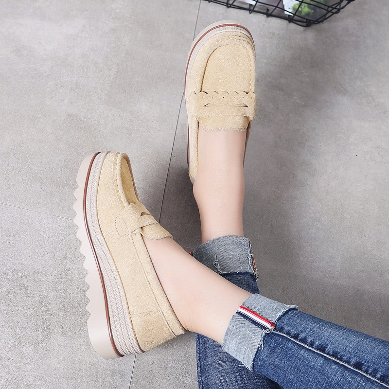 Women Slip On Flat NEW hot Shoes Genuine Leather Casual Loafers Nubuck Suede Platform Sneakers Ladies Shallow Wedge Footwear Plus Size