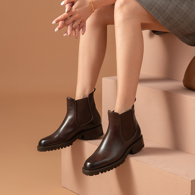 Ankle BeauToday Boots Women Cow Leather Retro Wa Round Toe Elastic Bands Autumn Winter Lady Shoes Handmade 03463 0a6e